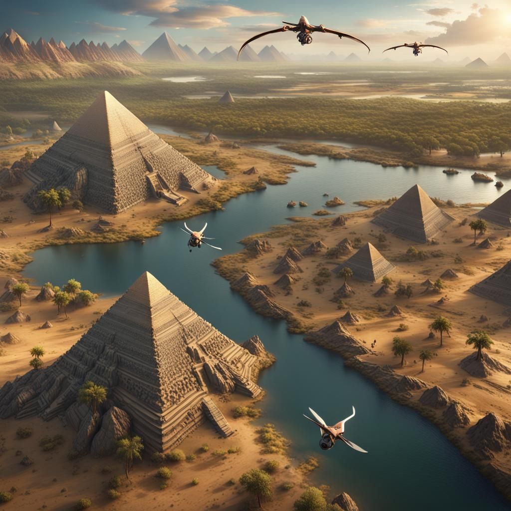 Drones Over Prehistoric Landscape in Detailed Matte Painting