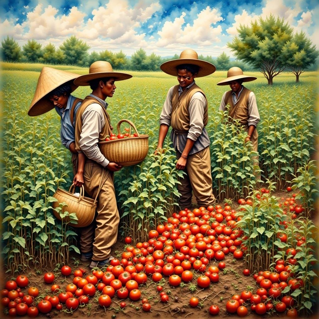 Migrant Workers Harvesting Tomatoes in Watercolor Style