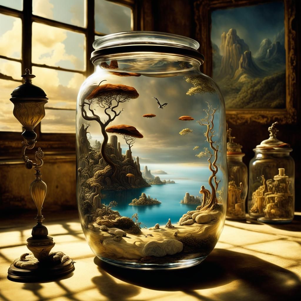 Surreal Dali-esque Scene Inside Glass Jar