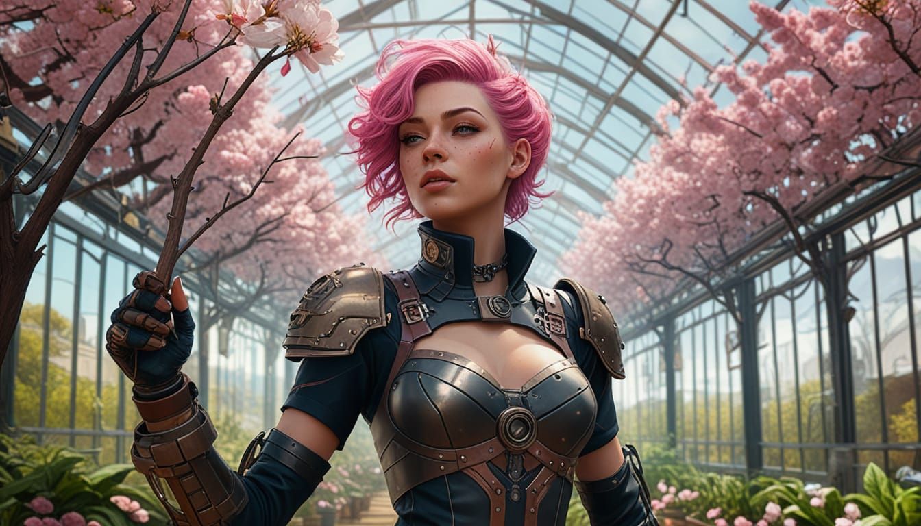 Steampunk Cyborg Botanist in a Cybernetic Greenhouse