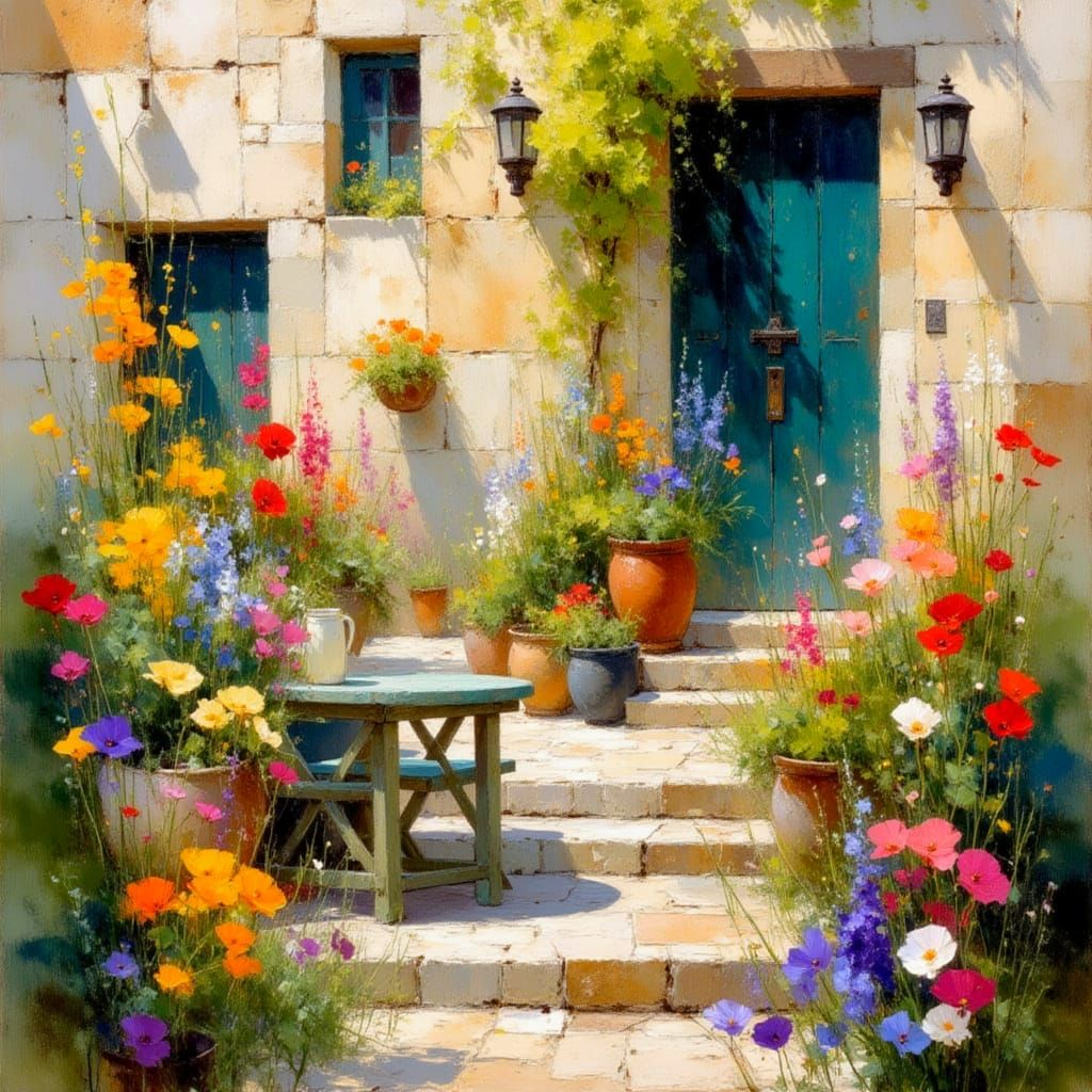 English Cottage Garden in Soft Pastel Tones