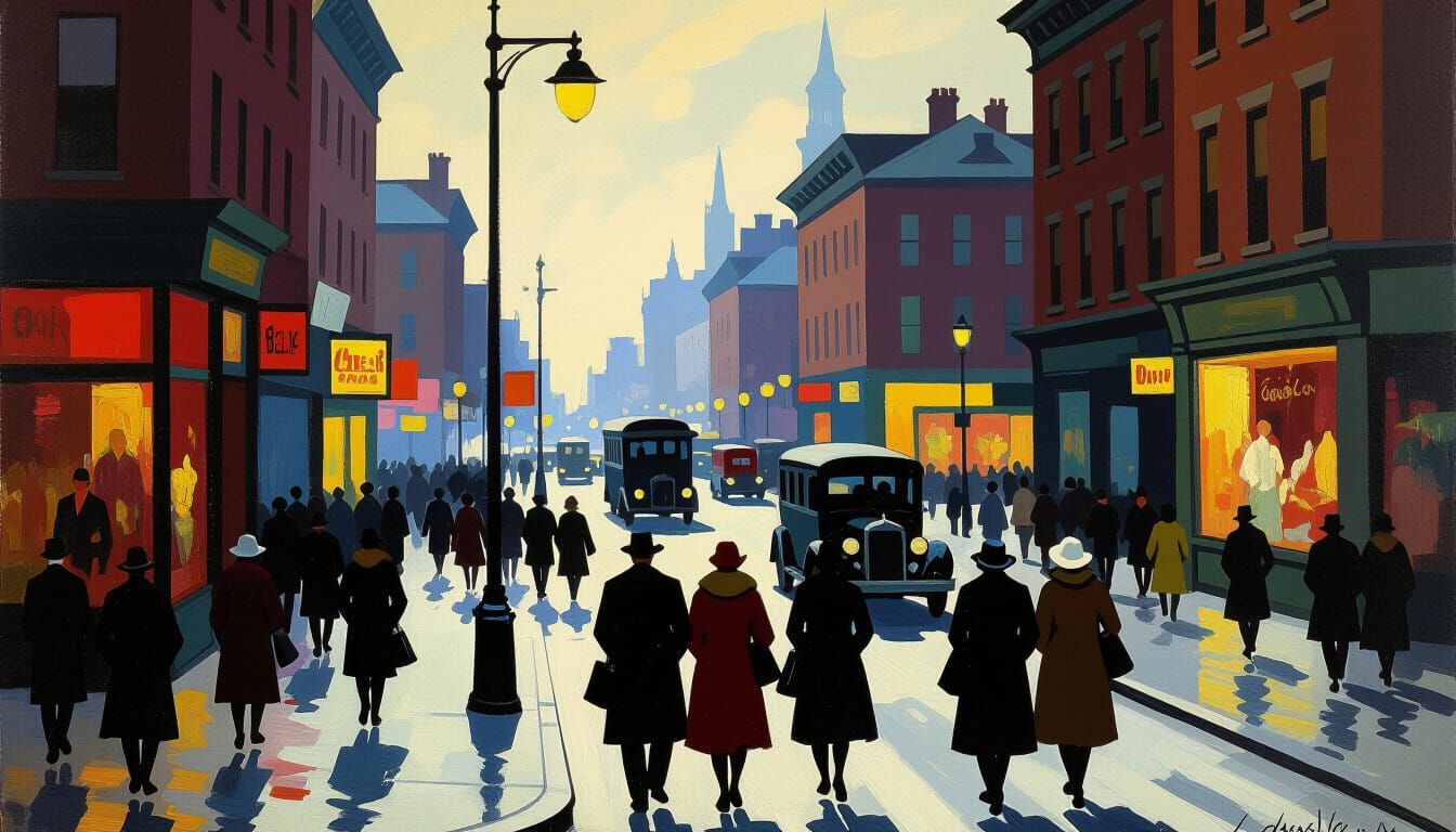 Crowded City Street Scene in Ashcan Style