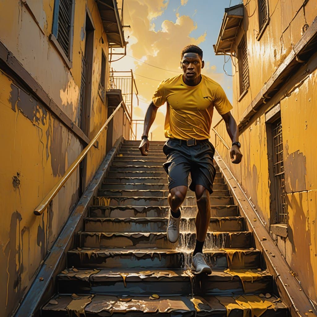 Vibrant Oil Painting of Epic Hero Climbing Staircase in Zeni...