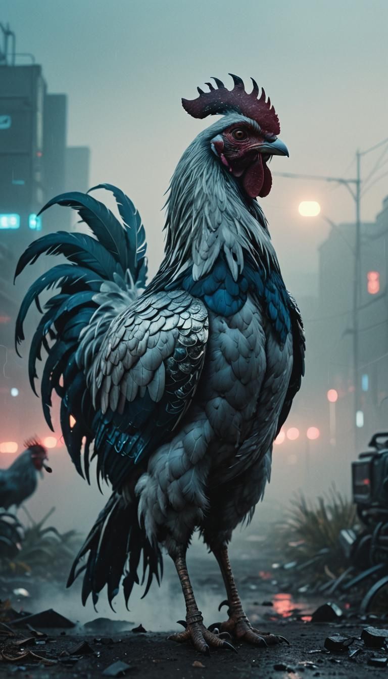 Cyberpunk Terminator Rooster in Foggy Landscape