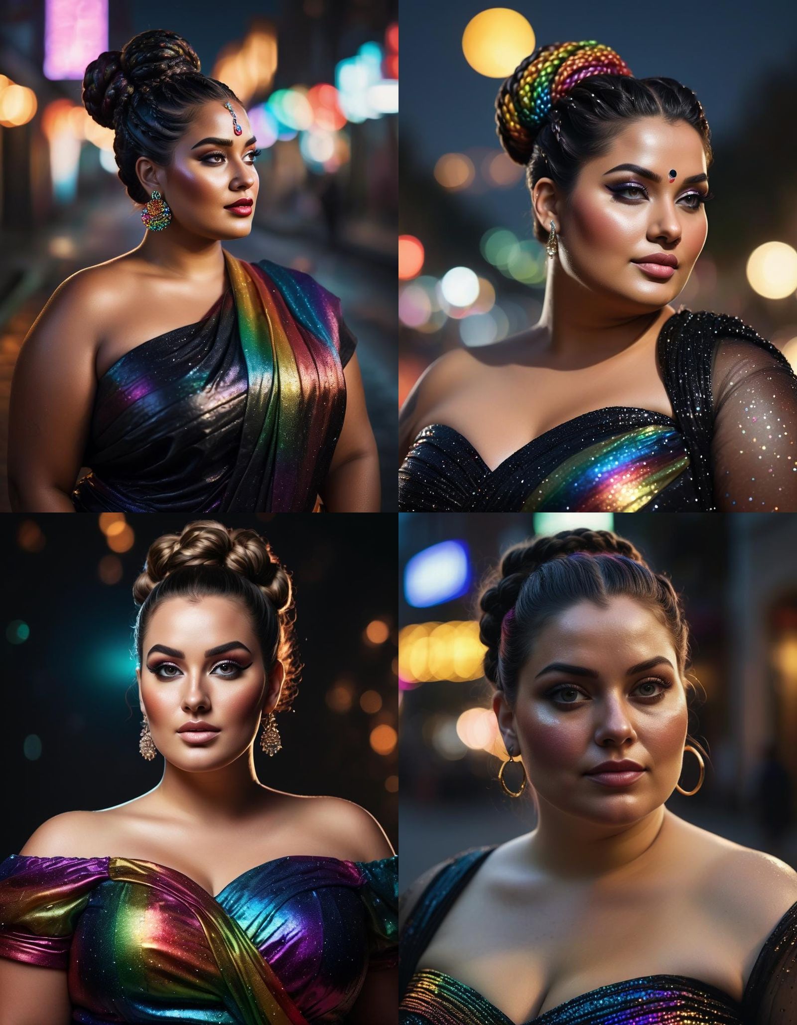 Curvy Woman in Glitter Saree at Night