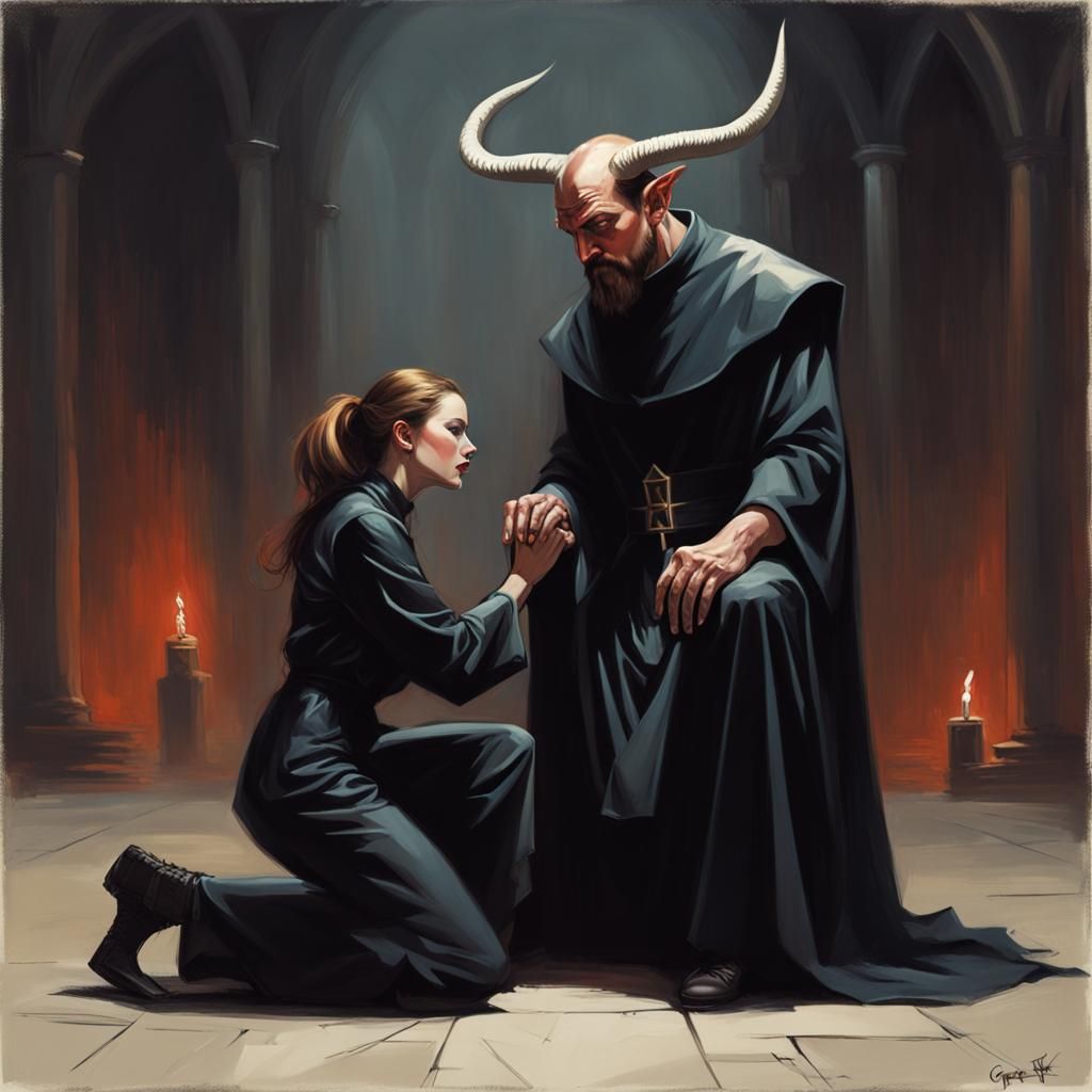 Sinister Horned Priest Dominating Kneeling Woman