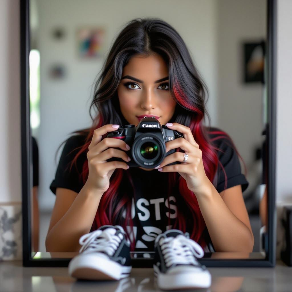 Hispanic Woman Captures Sneaker Soles with Bokeh Effect