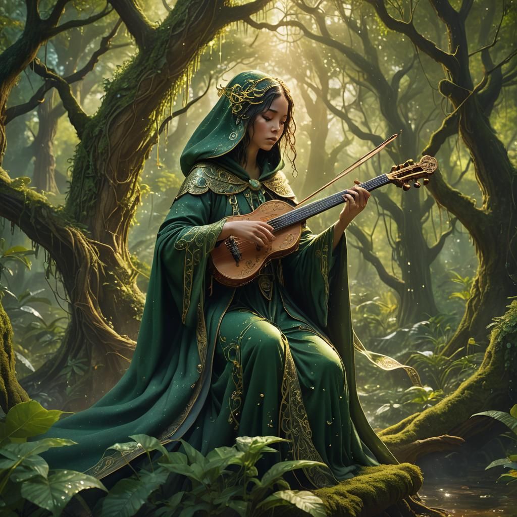 Labubu Plays Mystical Instrument in Lush Forest