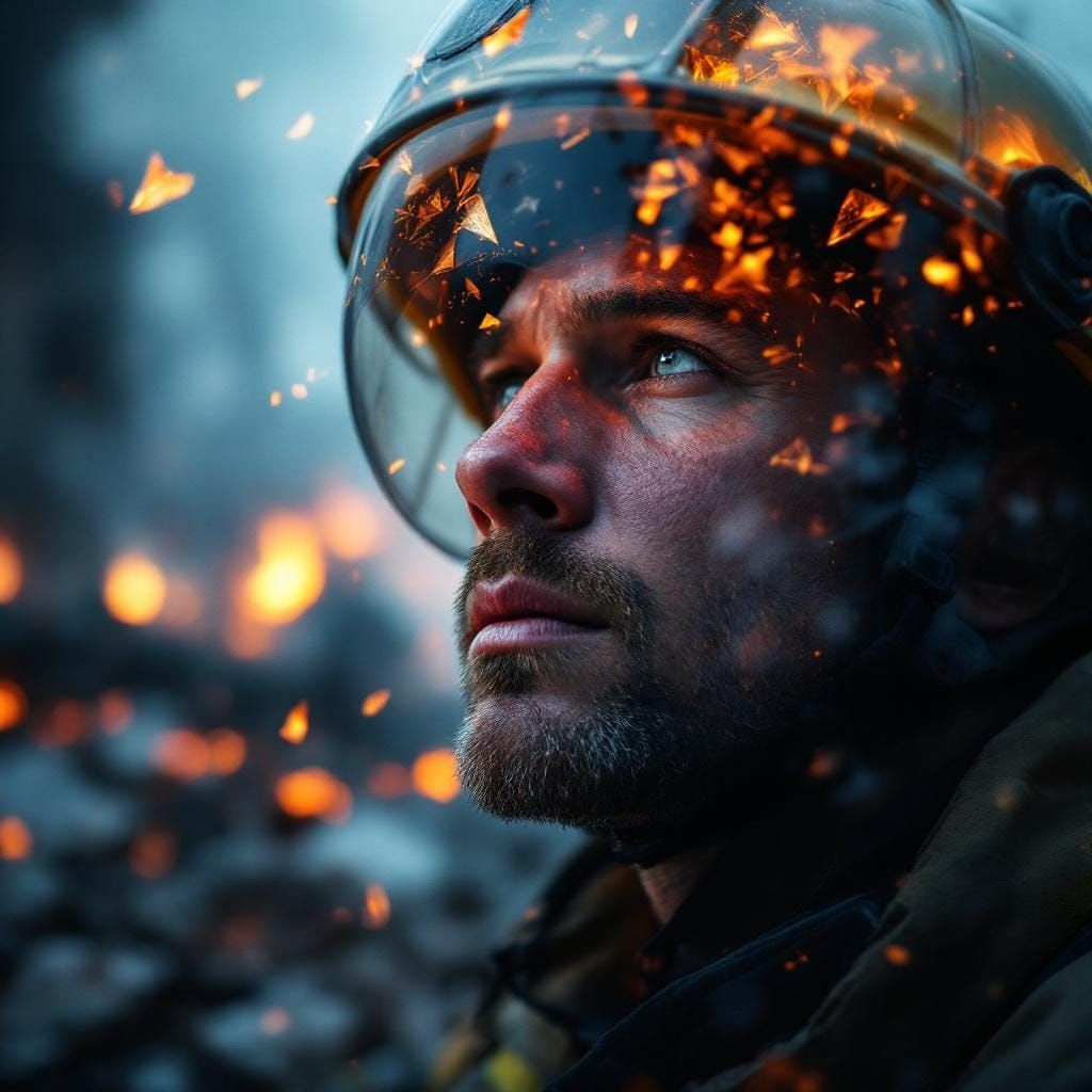 Exhausted Firefighter in Dual Exposure Portrait