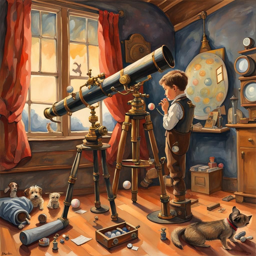 Boy and Steampunk Telescope in Impressionist Style