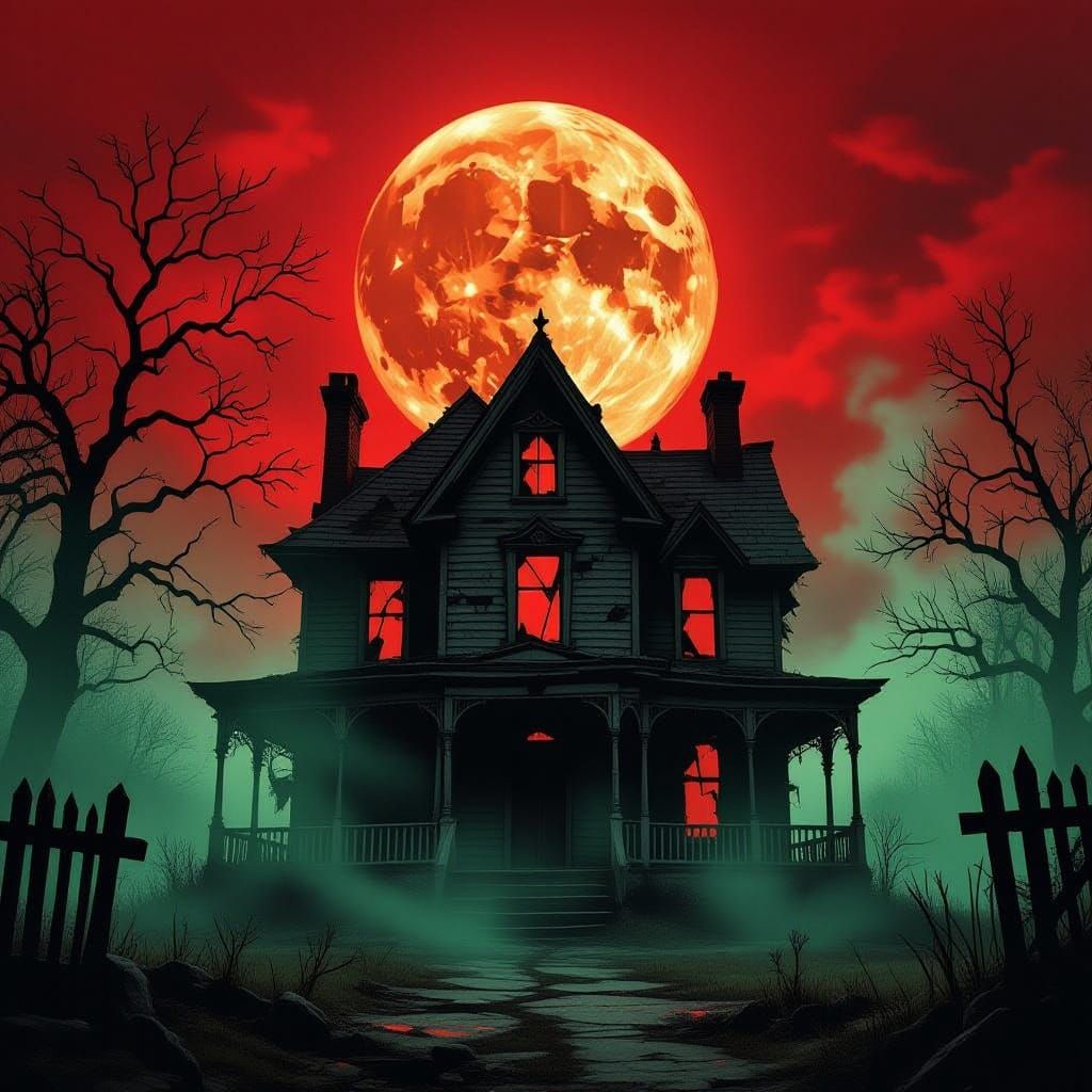 Haunted House Under Blood Moon on Halloween Night
