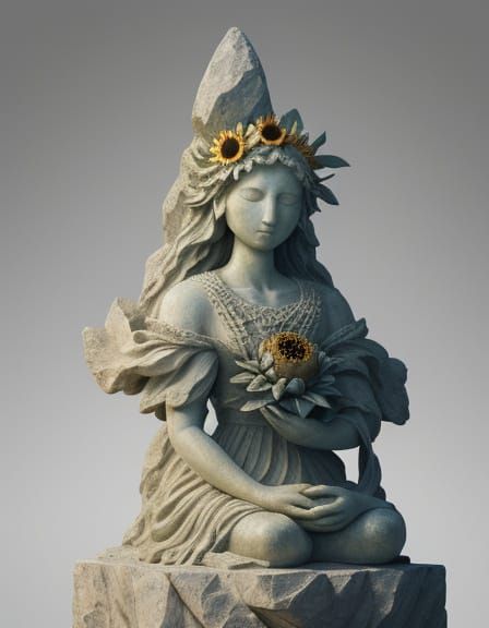Giant Stone Sunflower Statue with Humanoid Figure, Surreal A...