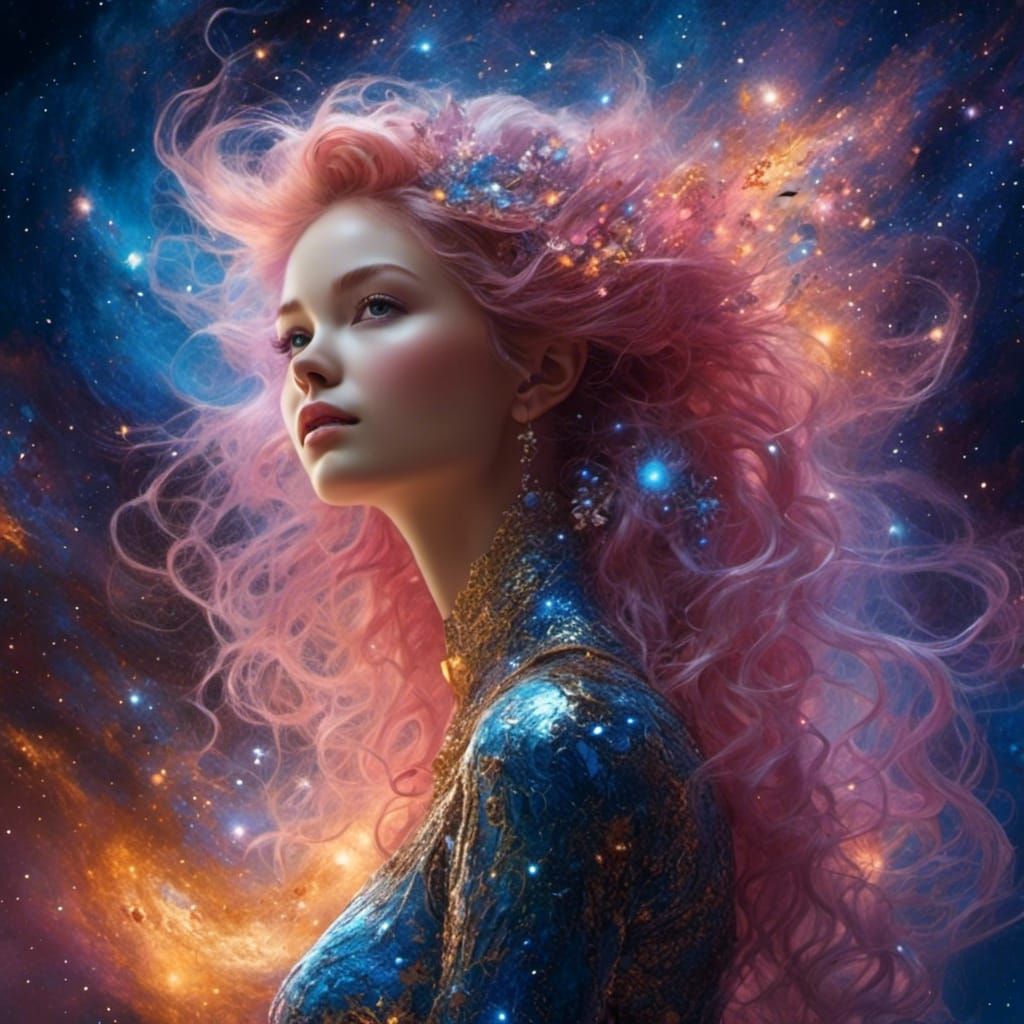 Cosmic Fairy Woman Portrait with Galaxy Hair