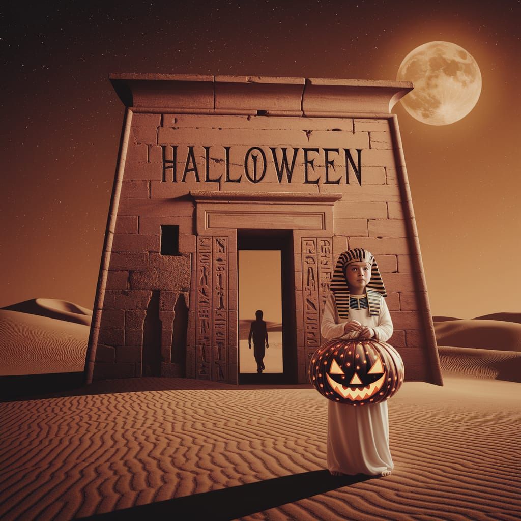 Halloween Moon Over Ancient Egyptian Temple with Pharaoh Chi...