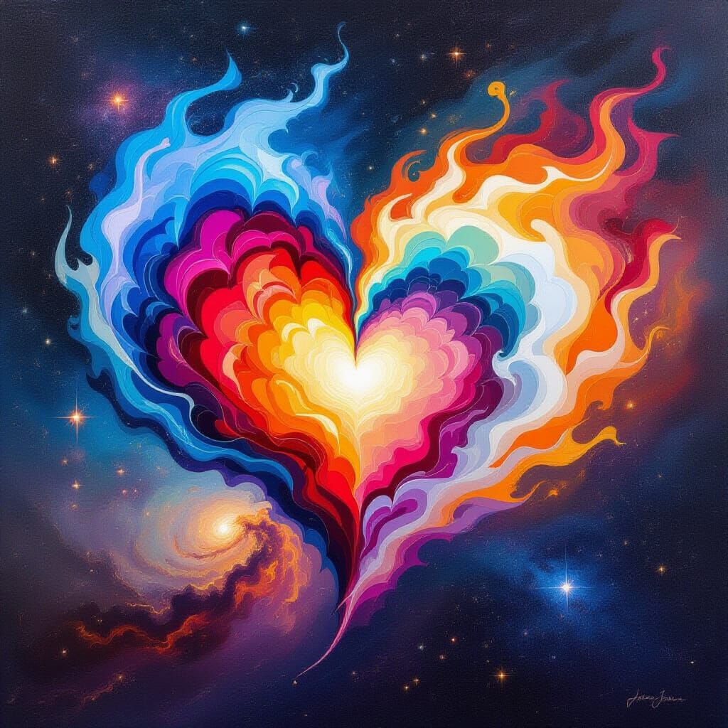 Vibrant Fiery Heart in Cosmic Galaxy Background