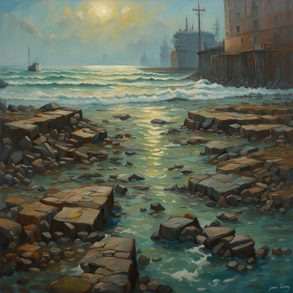 Sewage Sea Oil Painting in Gurney Style