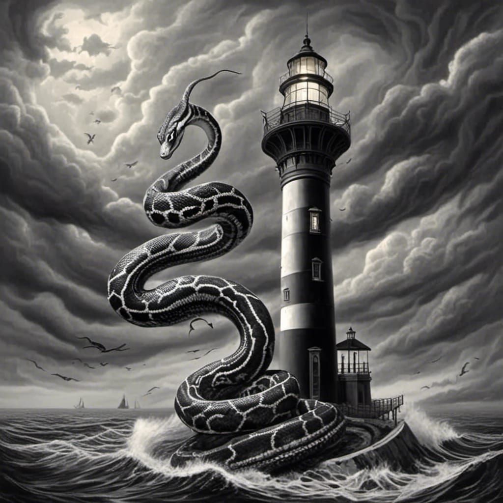 Monochrome Serpent Coils Around Lighthouse in Stormy Sea