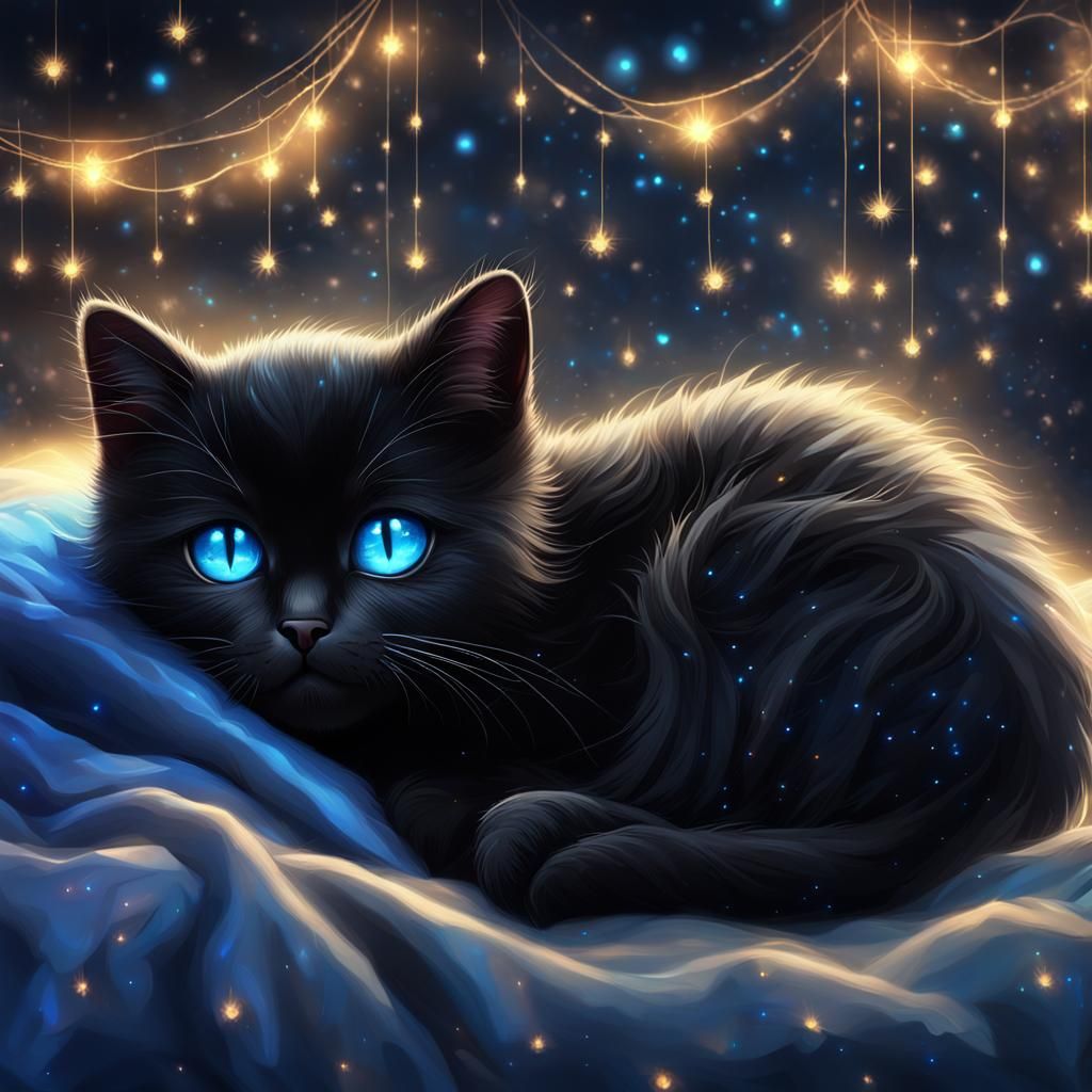 Sad Black Cat with Blue Eyes: Hyper-Realistic Digital Art