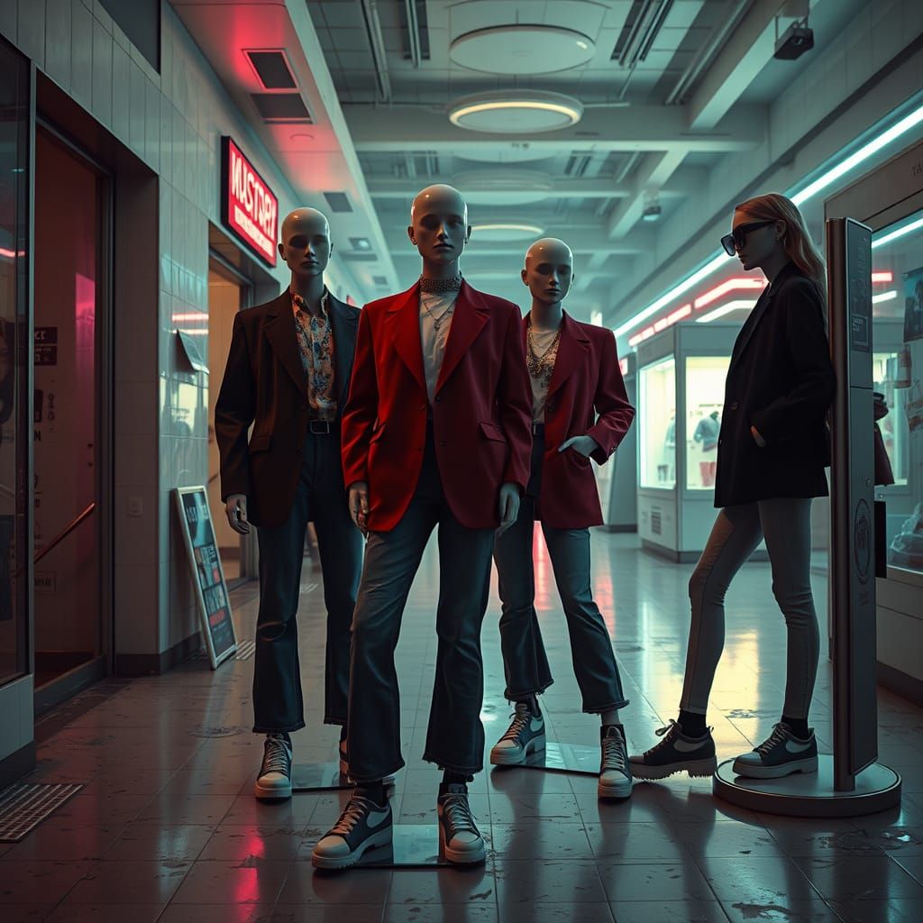 Elegant Mannequins in Retro Abandoned Mall with Synthwave Gl...
