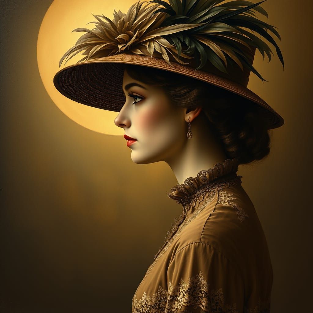 Elegant 19th-Century Woman in Profile, Luxurious Sepia Portr...