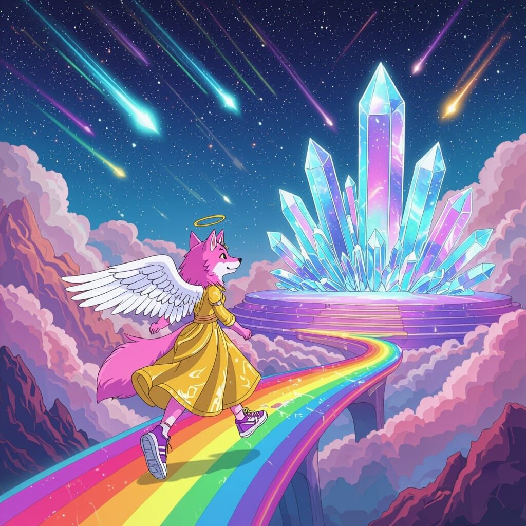 Pink Wolf with Wings on Rainbow Bridge