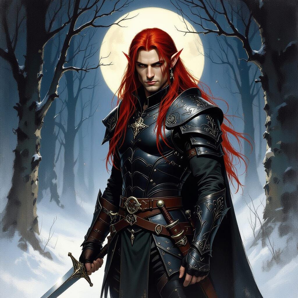 Red-Haired Elf Rogue in Dark Leather Armor