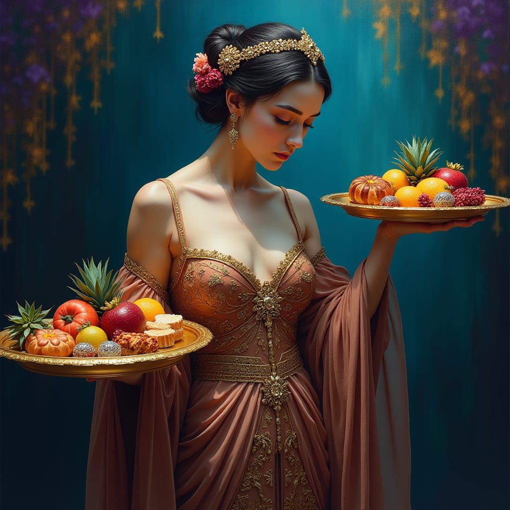 Mystical Woman with Golden Trays: A Digital Painting