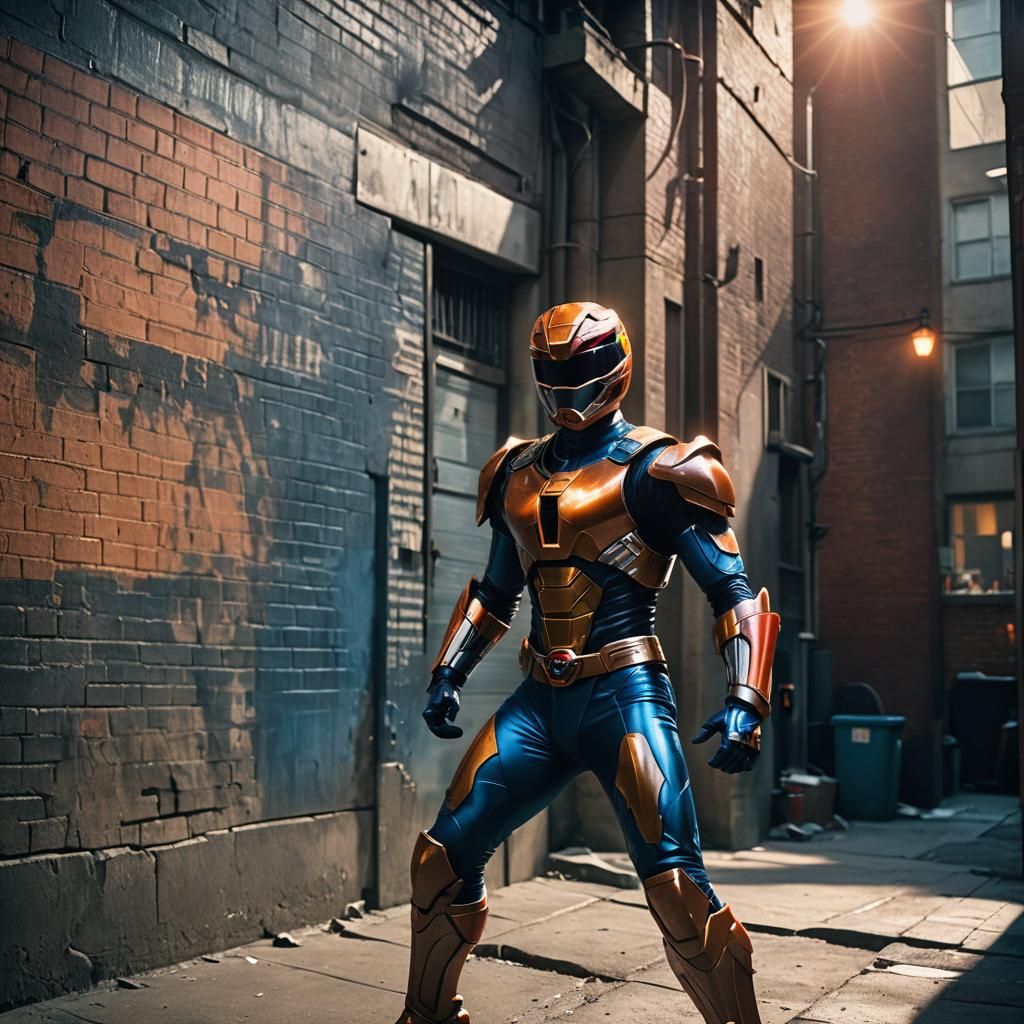 Power Ranger in Noir Cityscape: Cinematic Film Still