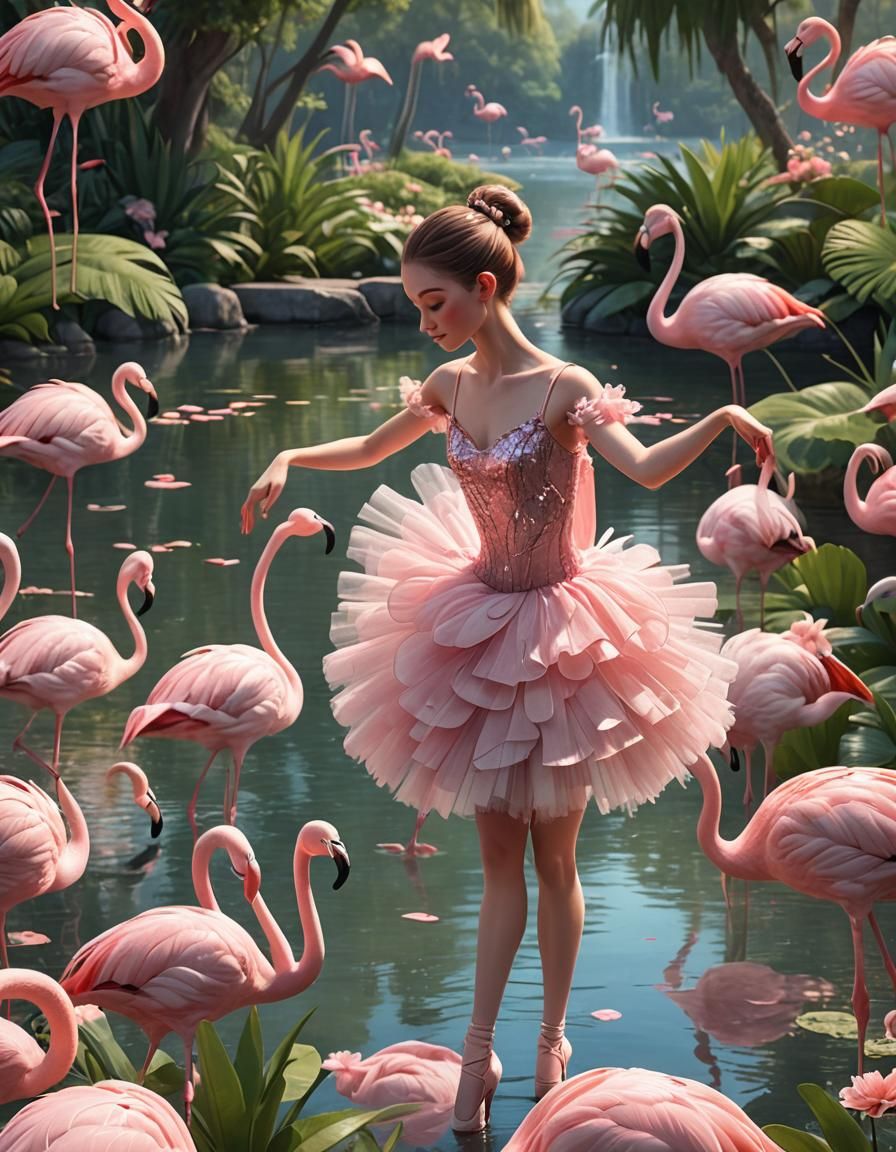 Ballerina and Flamingos by Serene Lake, Pixar-style