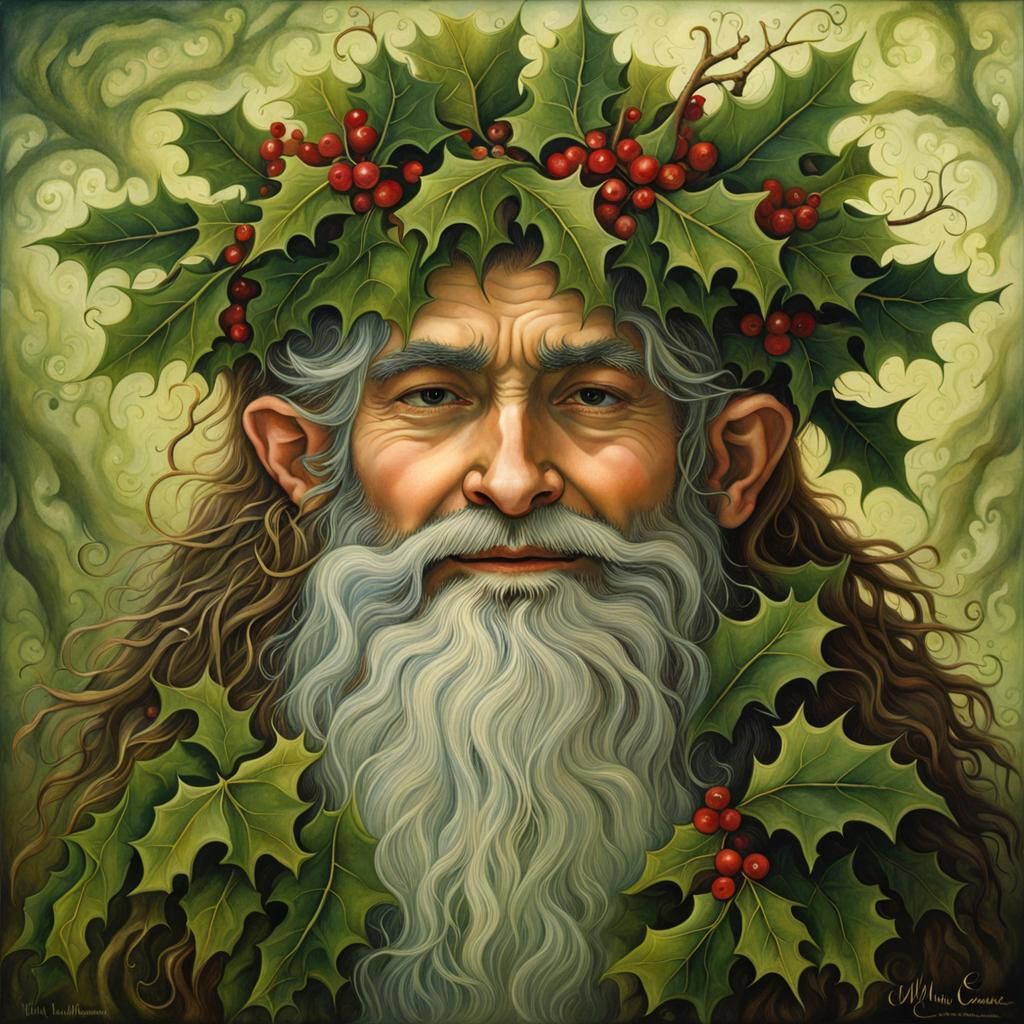 Mischievous Holly Man in Celtic Winter Forest