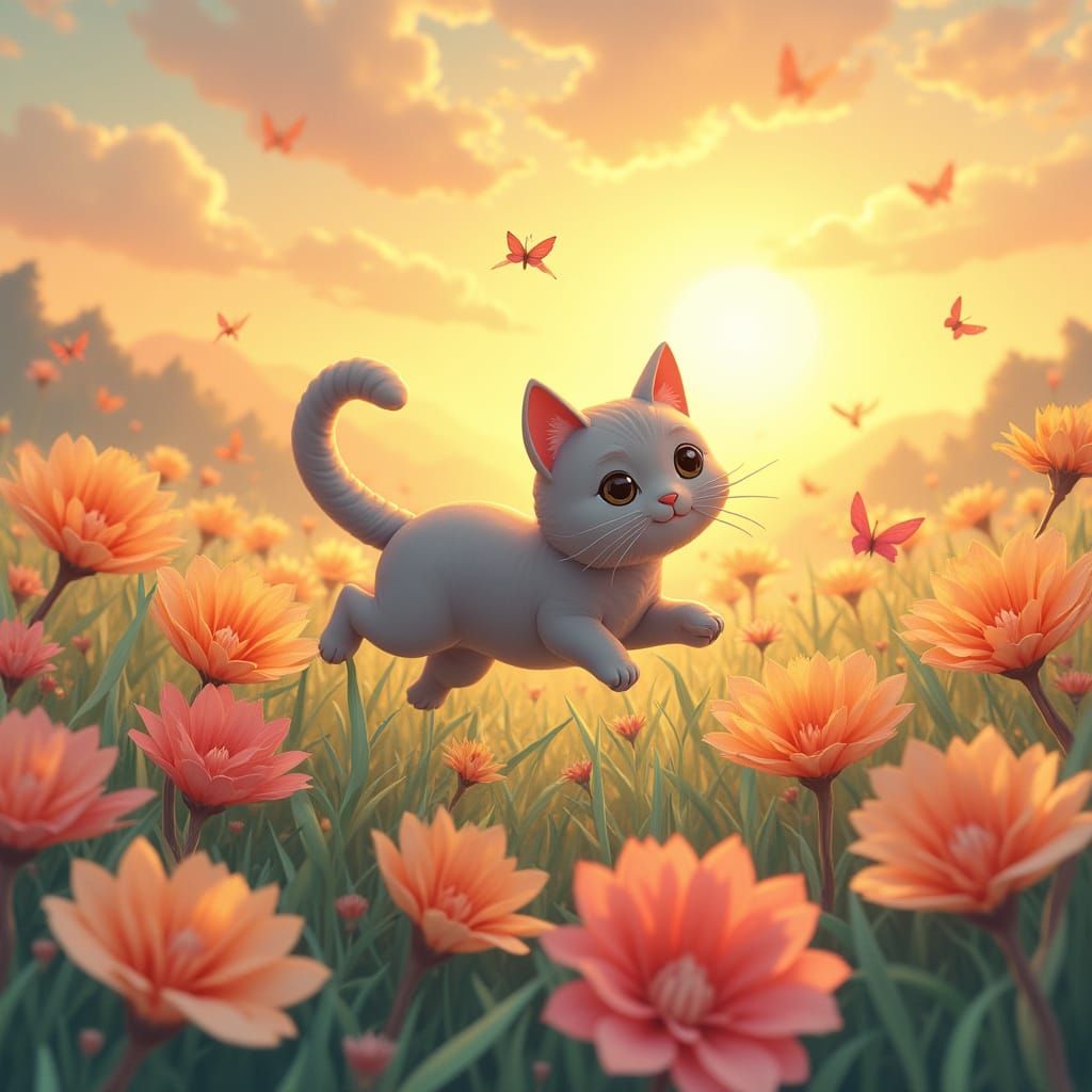 Whimsical Cat Leaps Through Origami Flower Field in Soft Pas...