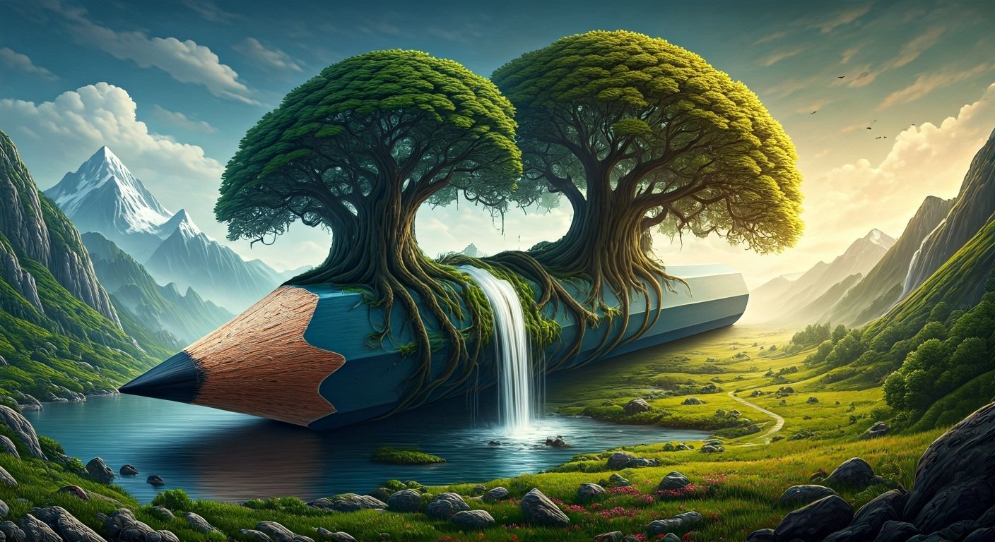 Ancient Village on Giant Pencil in Surreal Landscape