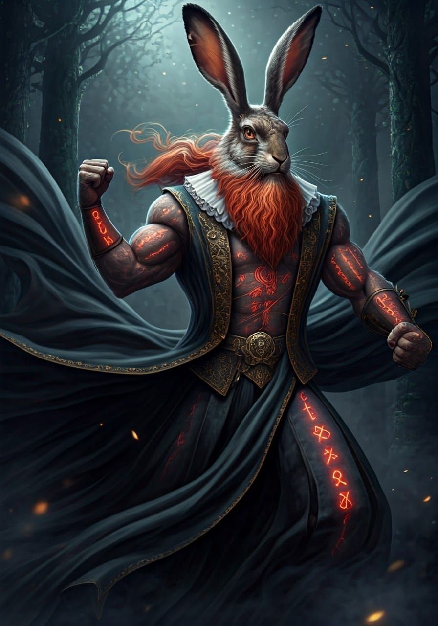 Shamanic Hare with Neon Runes in Cyberpunk Style