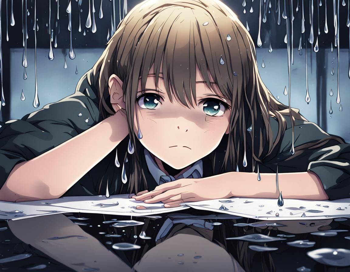 Sad Girl with Family Photo in Anime Style