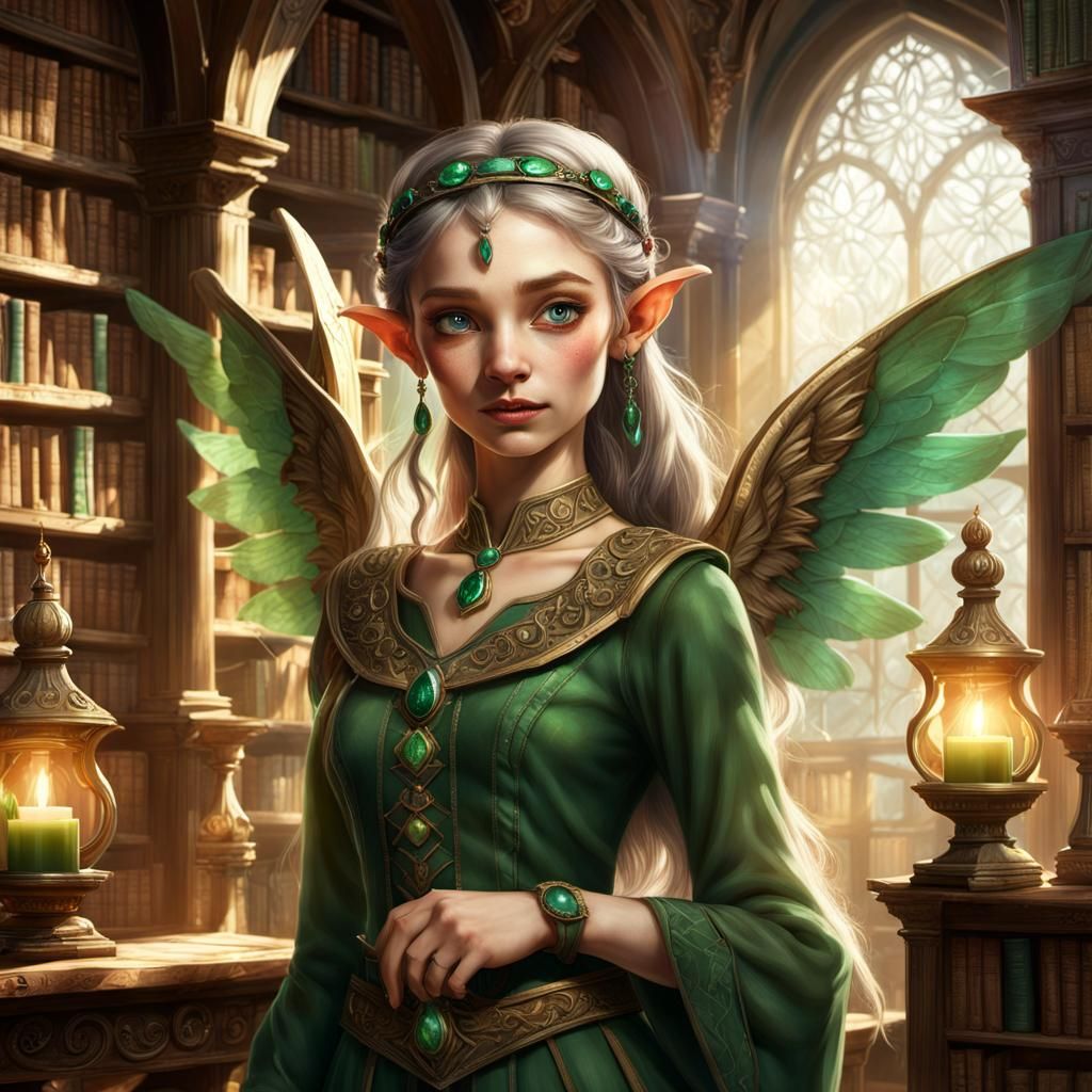 Enchanting Elf Girl in Mystical Library: Detailed Matte Pain...