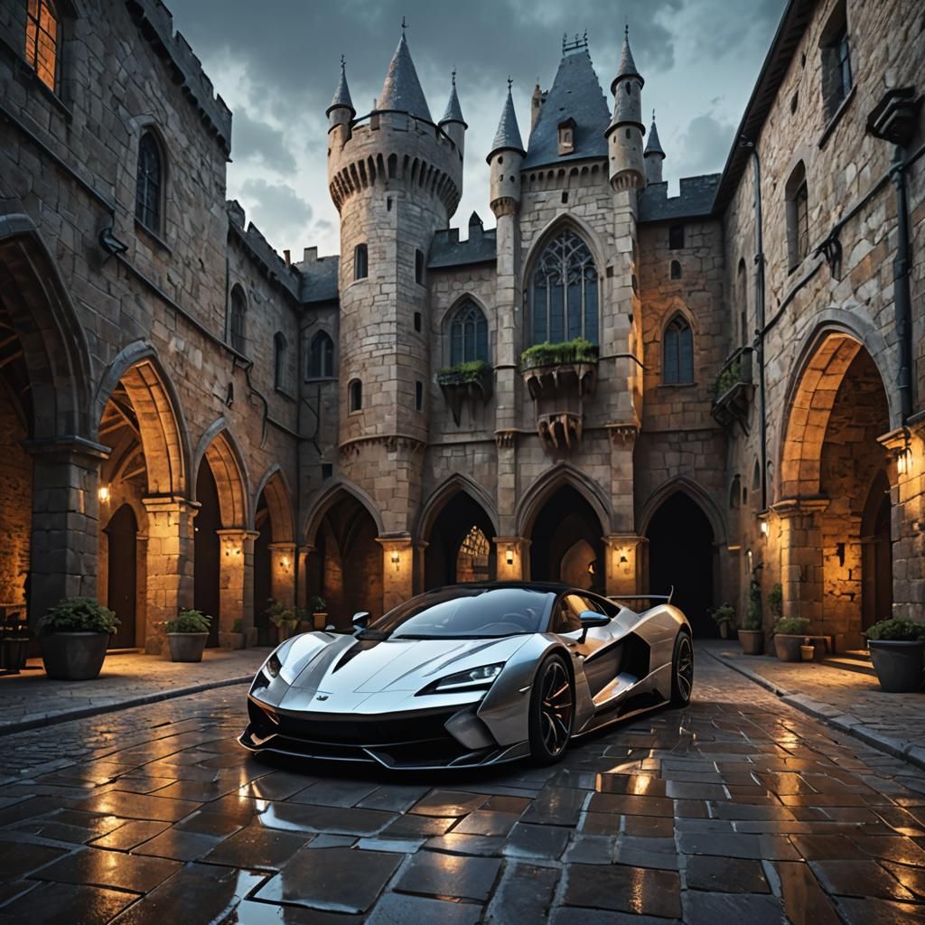Supercar Gleaming in Neo-Gothic Castle Courtyard