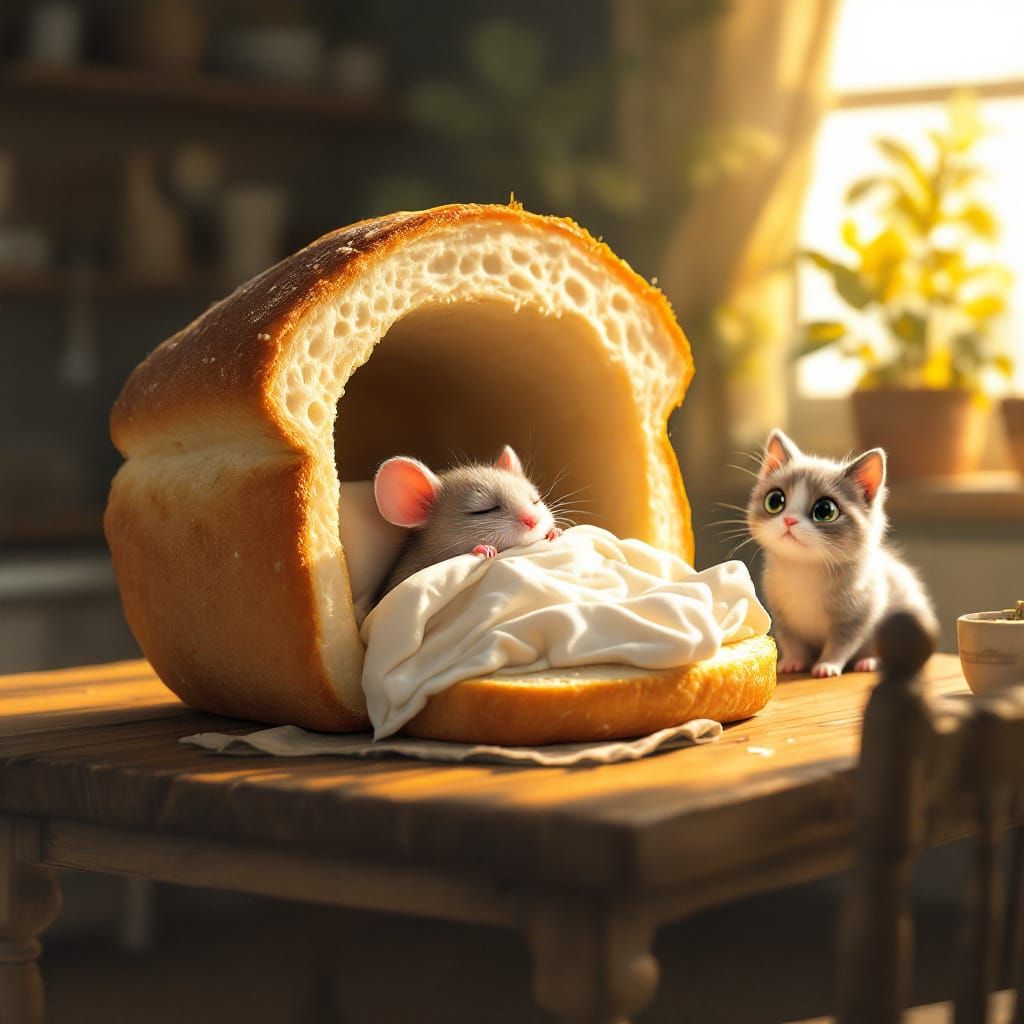 Whimsical Mouse Sleeps in Bread House, Cat Peeks In