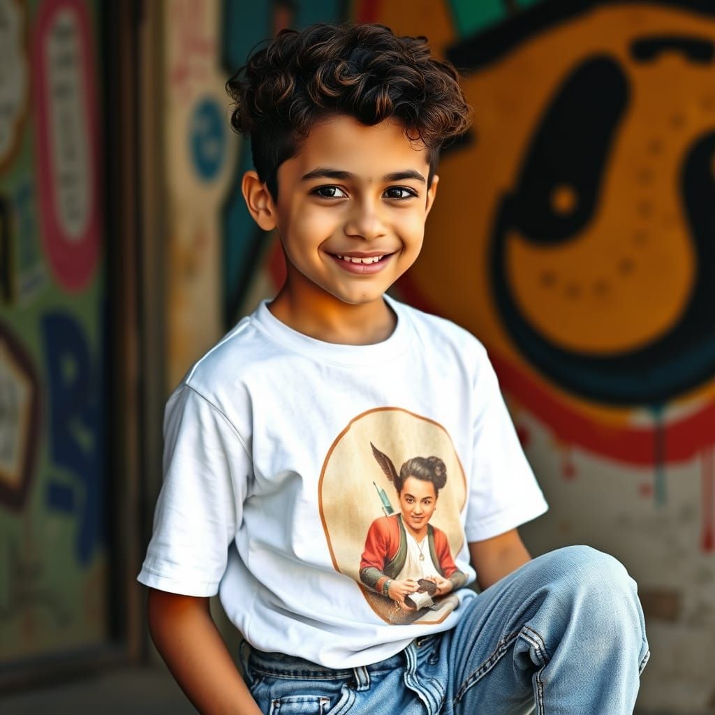 Latin American Teenager with Curly Hair in Street Art Style