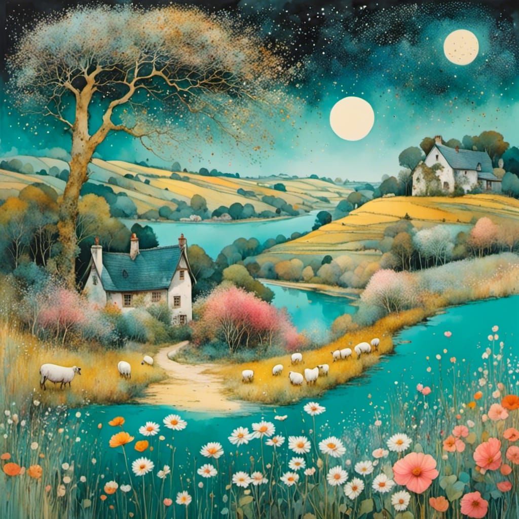 Idyllic Cottagecore Landscape with Sheep in Pastel Colors