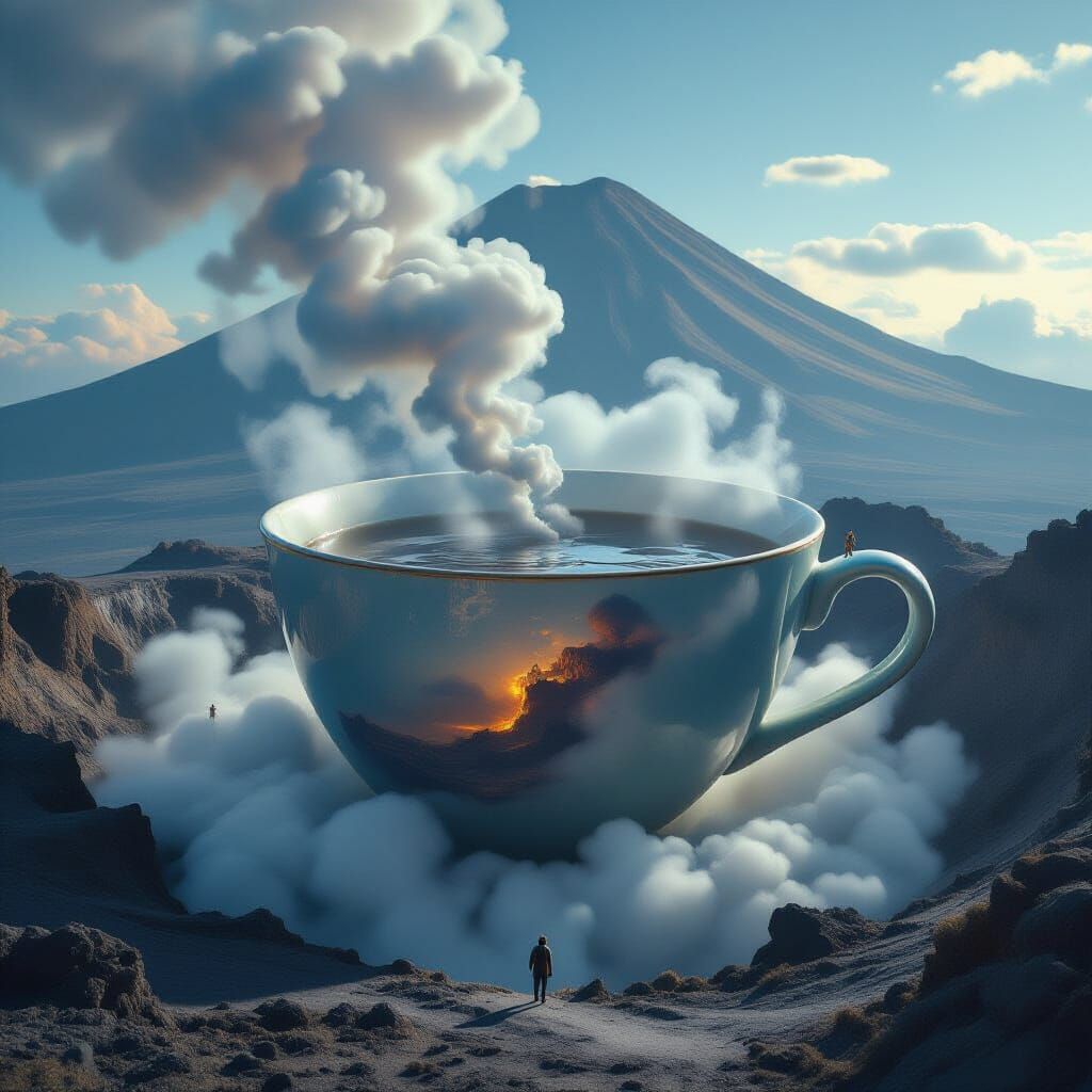 Giant Teacup in Volcano Crater, Cosmic Steam Art