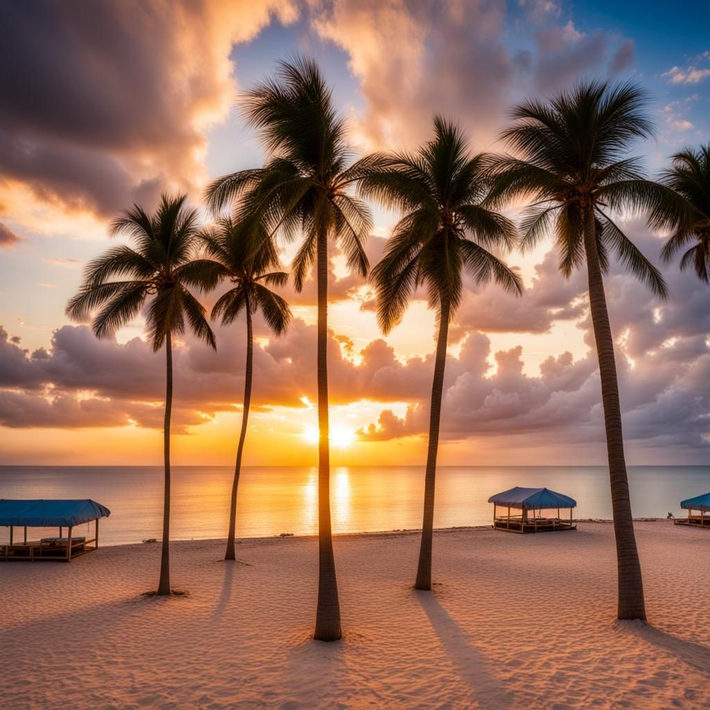 Beach Sunset with Palm Trees and Cabanas
