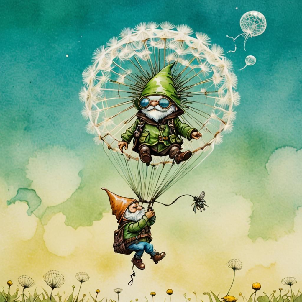 Gnome Skydiving with Dandelion Parachute in Steampunk Style