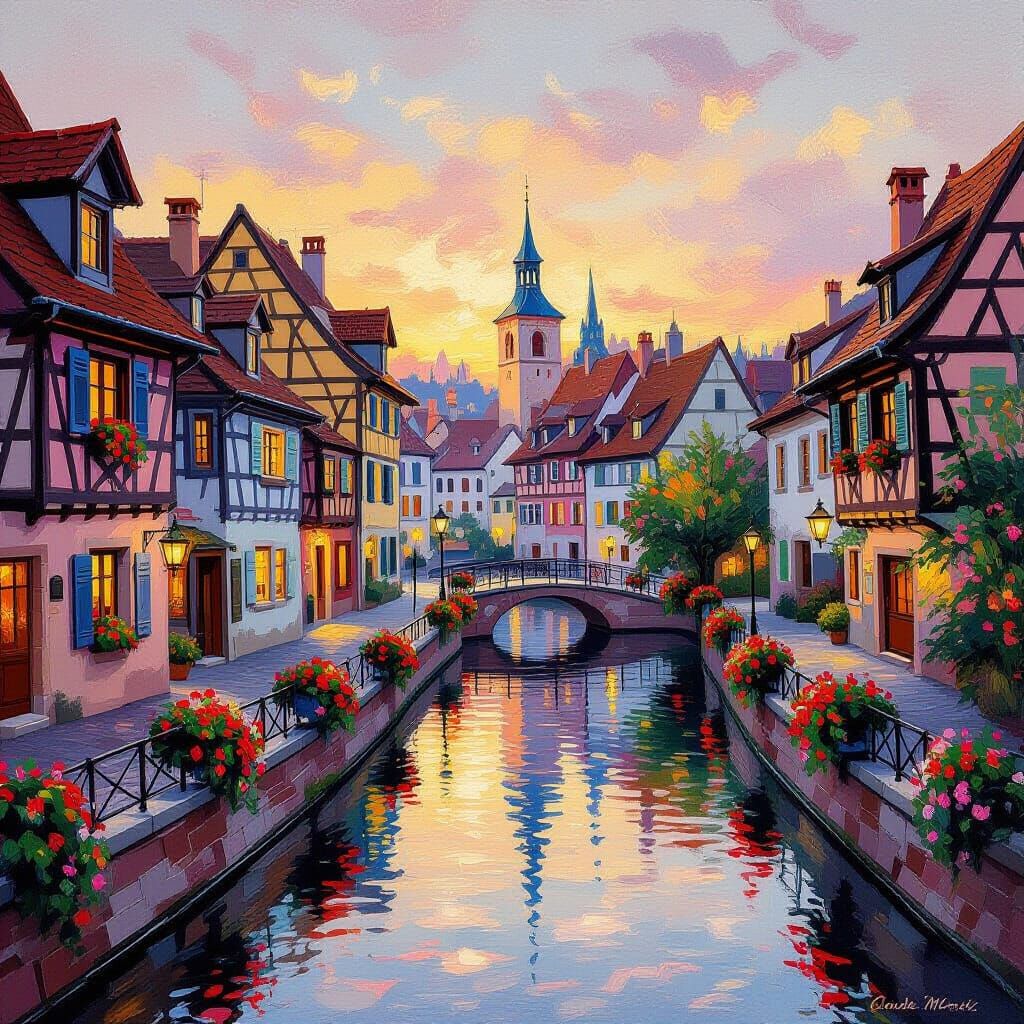 Romantic Sunset in Colmar, France: Impressionist Style