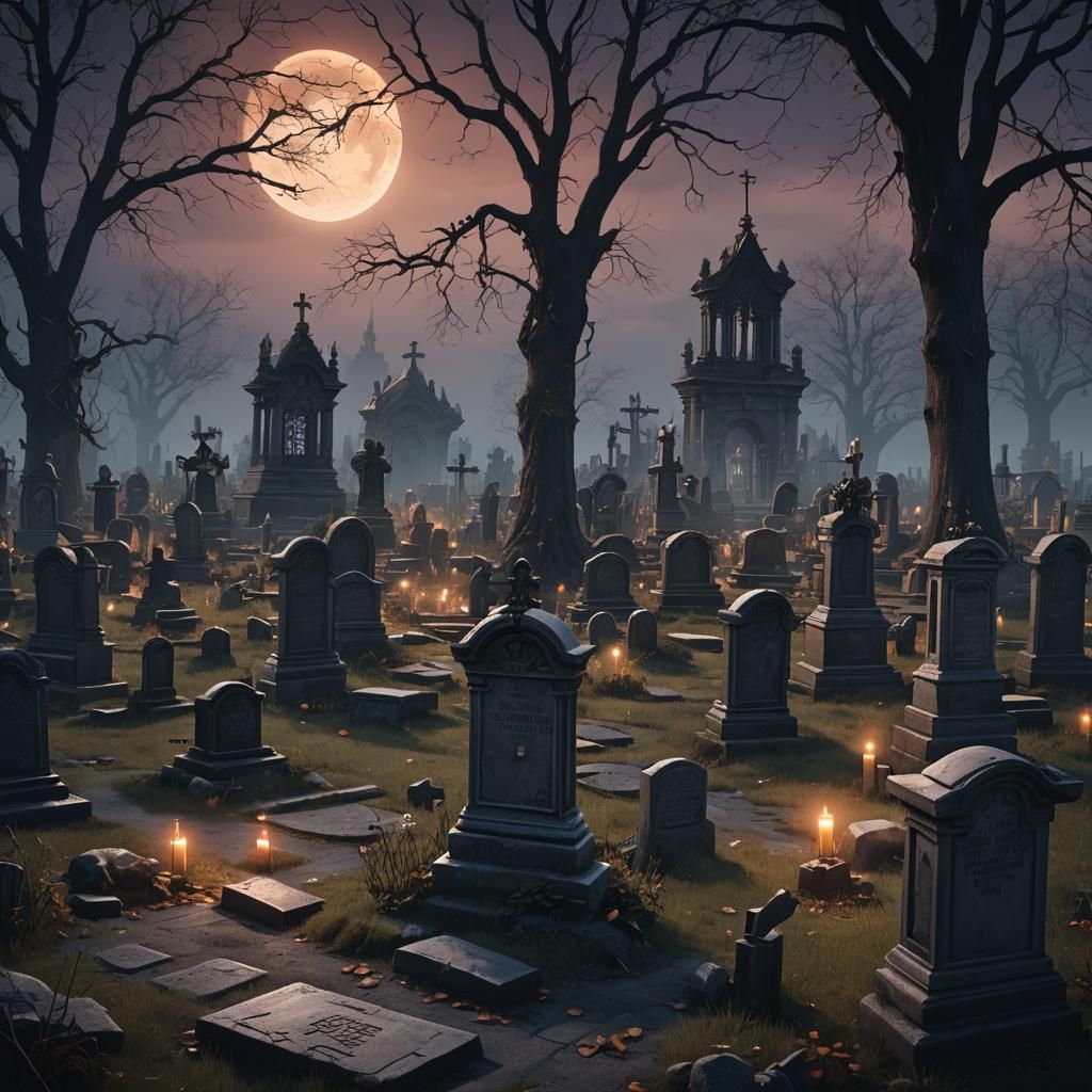 Haunted Cemetery at Night in Detailed Matte Painting