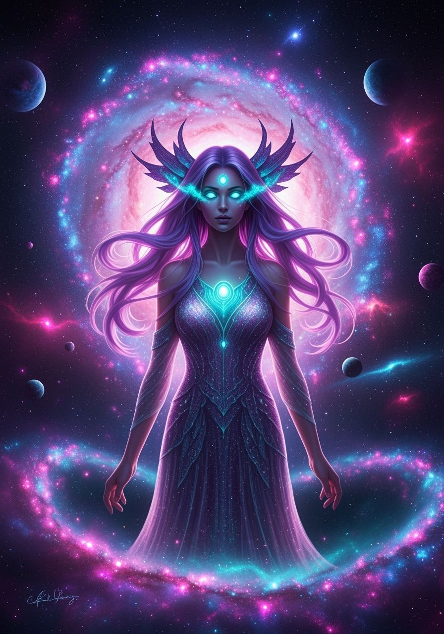 Cosmic Goddess in Galaxy with Flowing Hair