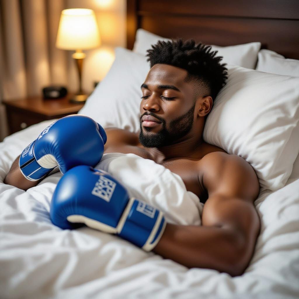 Boxer Sleeping Peacefully in Bed with Gloves