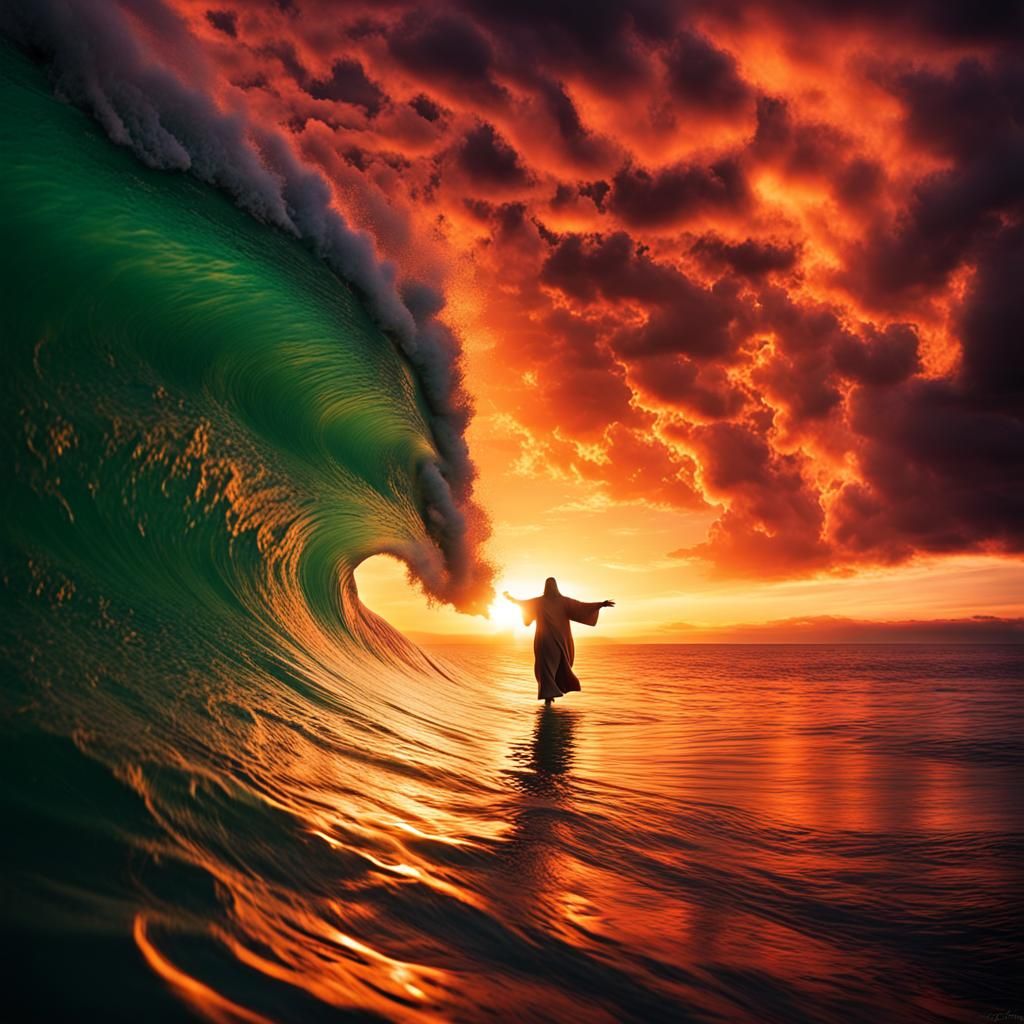 Jesus Walks on Water at Fiery Sunset