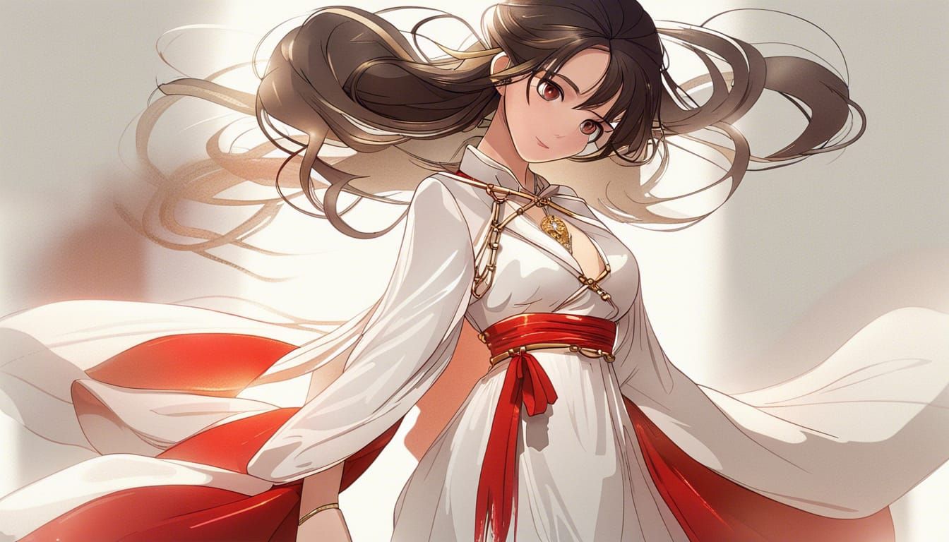 Chinese Woman in Flowing Dress Descending from Clouds