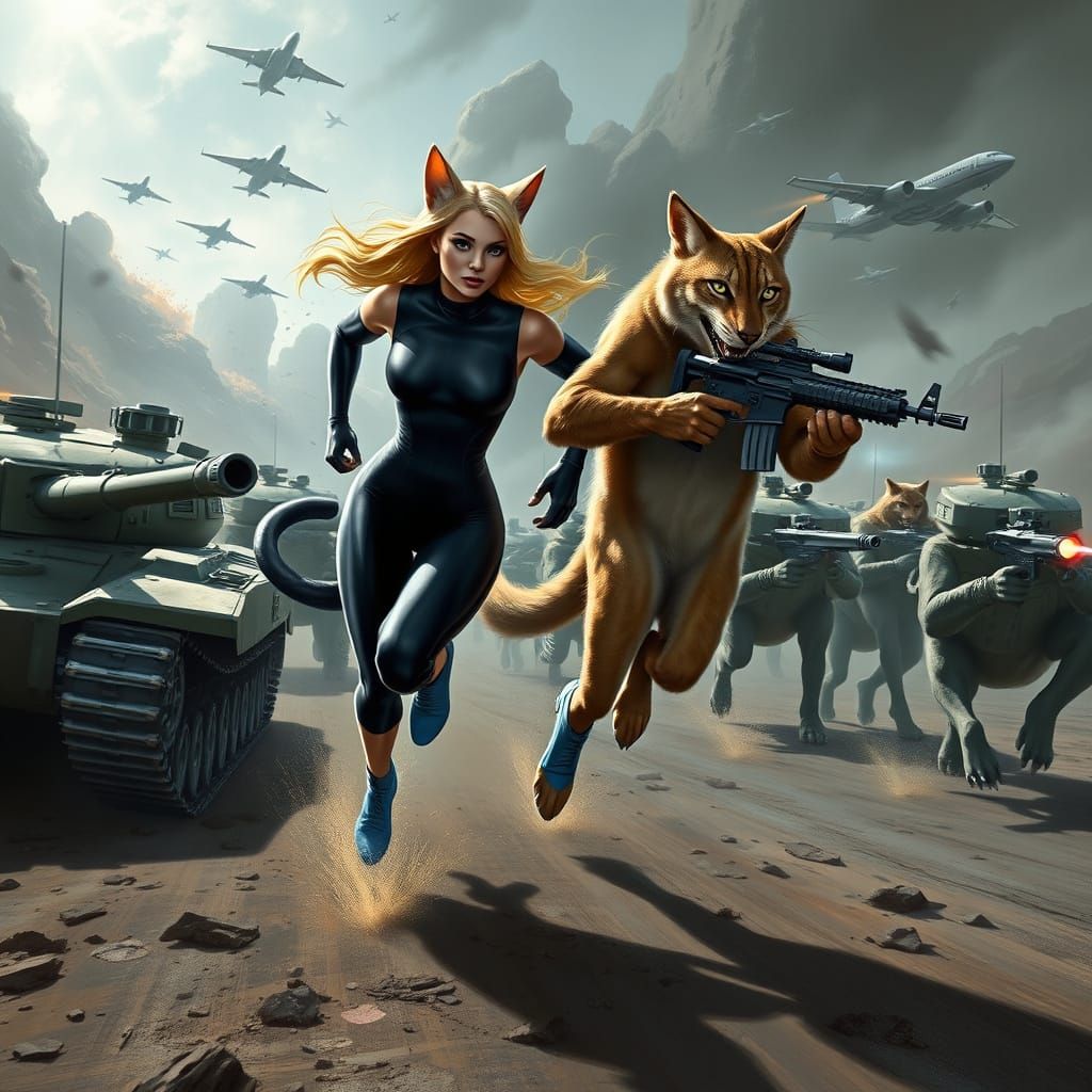 Cyberpunk Cat Woman Leads Feline Pack to Safety