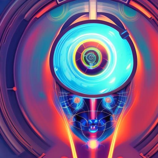 Portal in Robot Head: Cyberpunk Sci-Fi Art